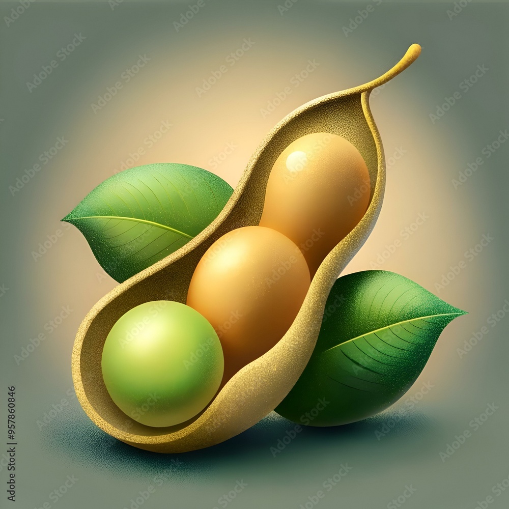 Poster 3d illustration of a soybean pod with three realistic soybeans.