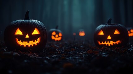 Enigmatic Ritual in Foggy Graveyard with Glowing Jackolanterns - Halloween Mystery Scene with Copy Space, Selective Focus (Ultra HD)