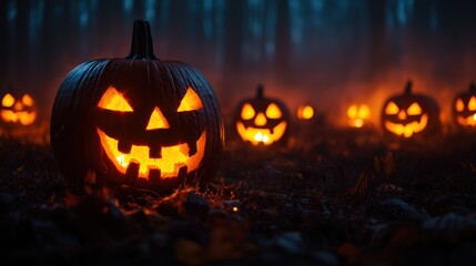 Eerie Halloween Ritual in Foggy Graveyard with Glowing Jackolanterns - Spooky Season Concept with Copy Space for Text, Selective Focus, Ultra HD