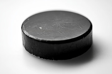 Black and white hockey puck on a white background