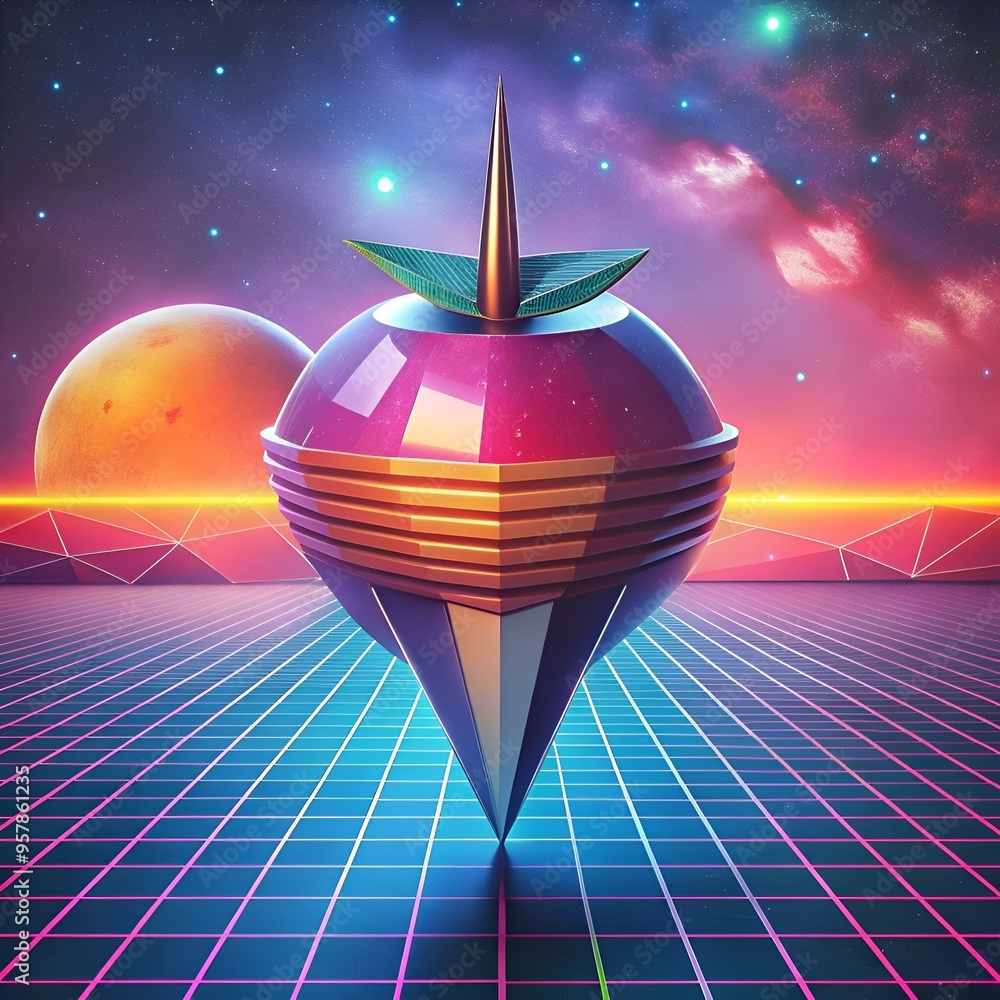 Poster a futuristic. 3d rendered apple with a sharp. metallic point.
