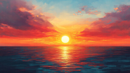 A tropical sunset with the sun dipping below the horizon, casting warm hues across the sky and a gentle ocean