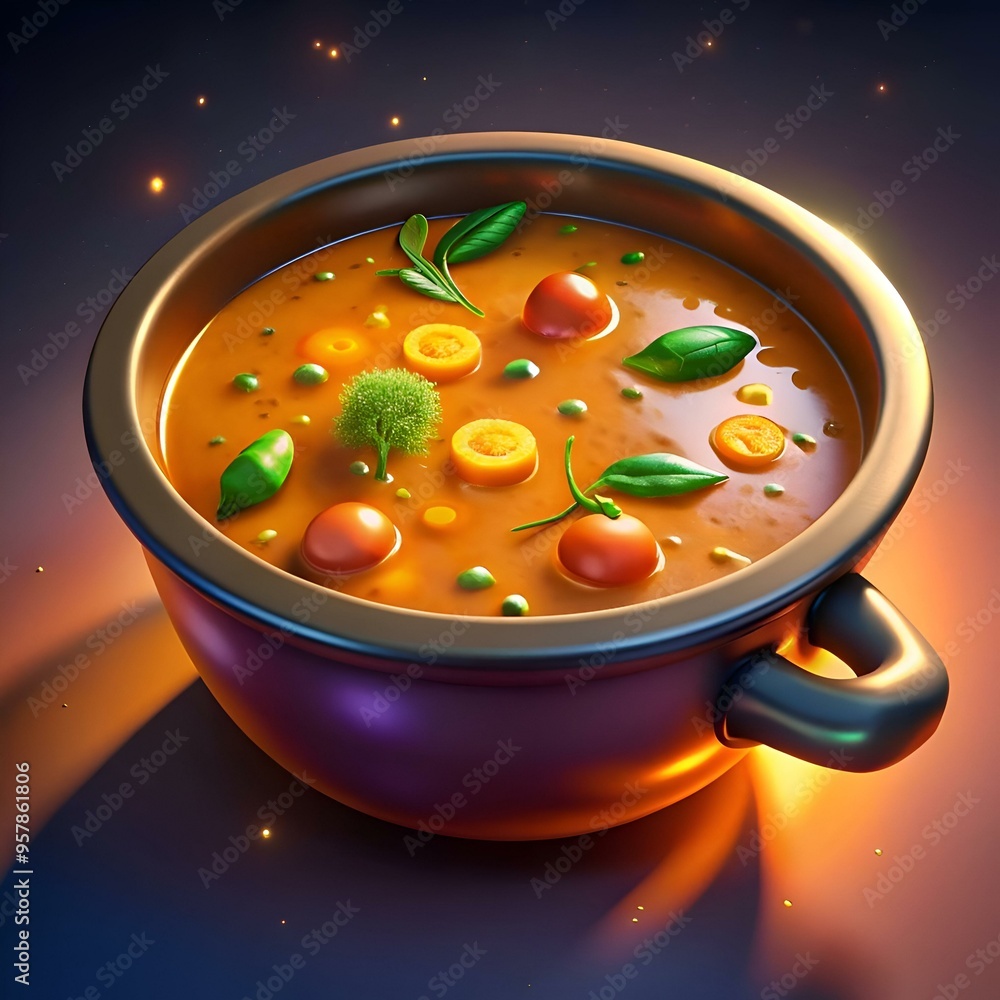 Poster a vibrant 3d illustration of a steaming pot of curry. perfect for adding a touch of warmth and flavo