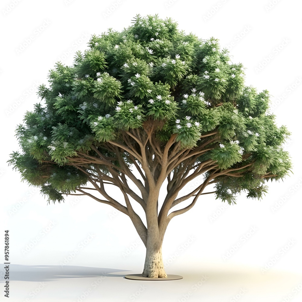 Poster a stunning 3d render of a large tree with lush foliage and intricate branches. isolated on a white b