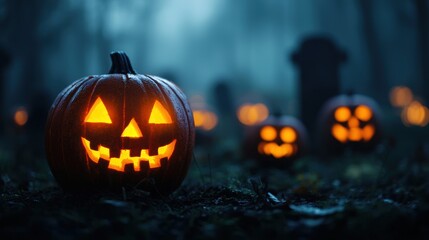 Eerie Foggy Graveyard with Glowing Jack-o'-lanterns in Ultra HD - Spooky Halloween Scene with Copy Space