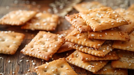 An array of nutritious snacks toast crunchy crackers topped with sesame seeds salty crackers