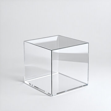 Close-up of a clear acrylic box, isolated on a white background. Perfect for product displays, minimalist designs, and packaging concepts.