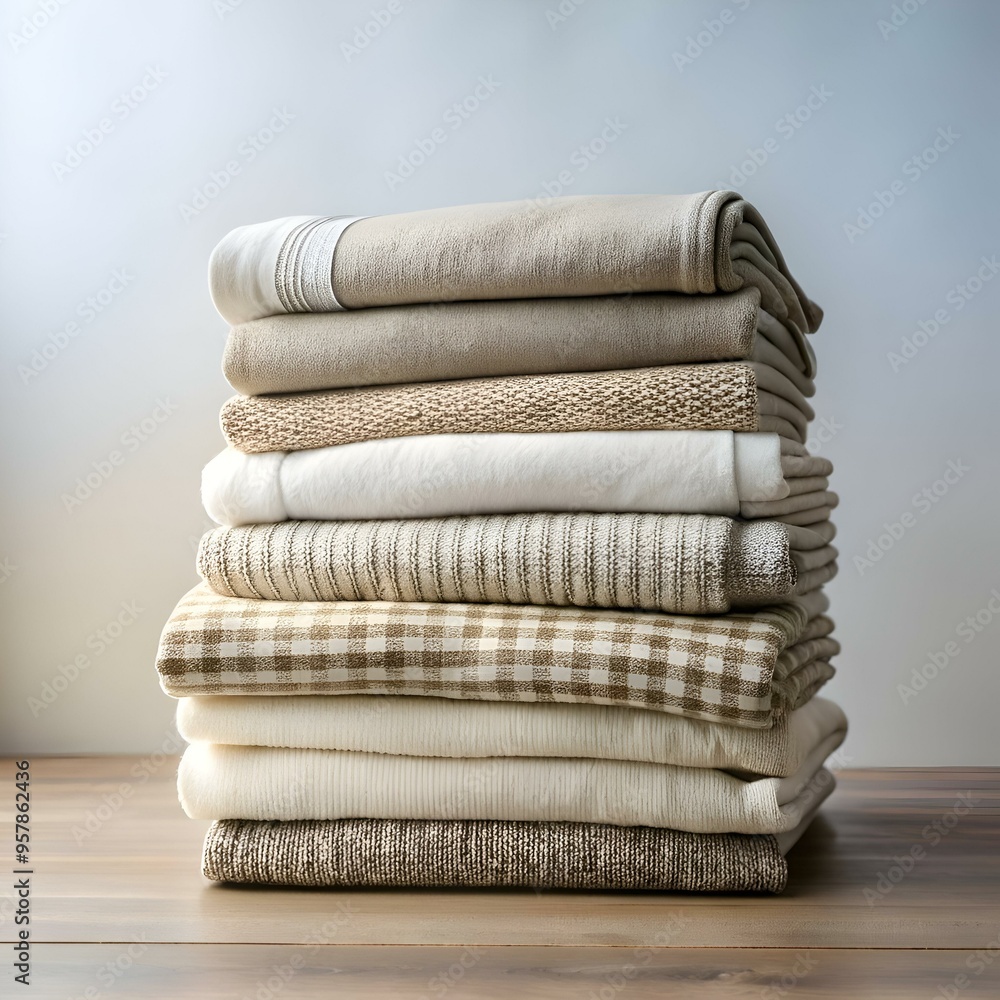 Poster a neatly stacked pile of cozy. neutral toned blankets and throws. perfect for adding warmth and text