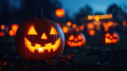 Obraz premium Enchanting Country Fair with Glowing Jack O'Lanterns at Night - Ultra HD