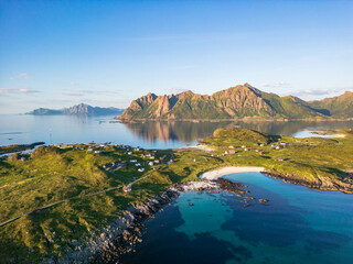Aerial landscape of Northern Norway by drone in Bo municipality, Norland, Norway. Beautiful scenery of Northern Scandinavia in Norway.