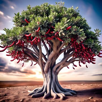 A stunning 3D illustration of a carob tree laden with ripe pods. bathed in the warm glow of a setting sun.