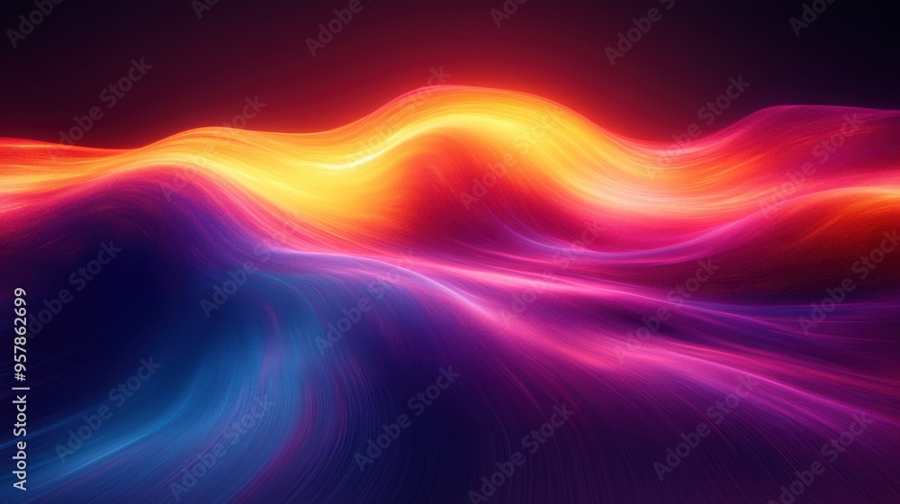 Poster bright orange and violet neon light create a dynamic multicolor spectrum background with glowing lin
