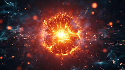 Atomic energy released during nuclear fission, a burst of power with glowing particles and radiation waves, Radioactivity concept