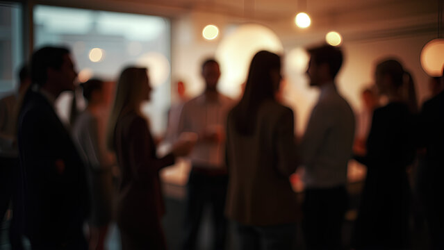 A blurred shot of business people networking at an office party with soft lighting and bokeh effects creating a warm social atmosphere