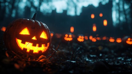 Fototapeta premium Mystical Atmosphere at Forgotten Castle Ruin with Glowing Jackolanterns, Copy Space, Selective Focus, Ultra HD