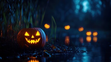 Fototapeta premium Illuminated Jackolanterns on Tranquil Riverbank with Copy Space, Selective Focus, Ultra HD