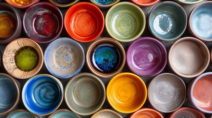 Colorful clay plates arrangement in various sizes and colors for a striking top view pattern