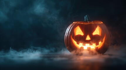 Sinister Glowing Jack-o'-lantern Surrounded by Swirling Fog on Halloween Night