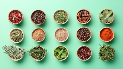 Bird’s-eye view of herbs and spices on a plain background, used as cooking ingredients