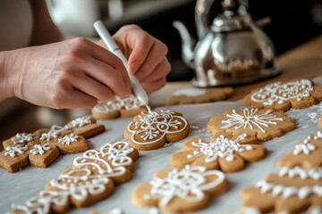 A home bakery with a well-used kitchen and baking equipment. The baker is creating intricate designs on cookies with royal icing, Generative AI