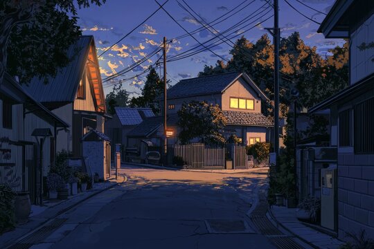 Quiet suburban street with cozy, softly lit houses and a gentle, serene environment. Cozy vibe, Generative AI
