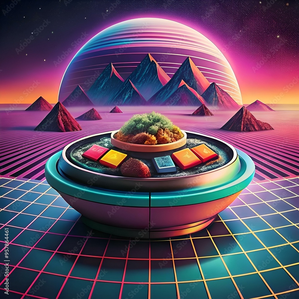 Aufkleber a futuristic. abstract 3d illustration featuring a circular platform with colorful buttons against a