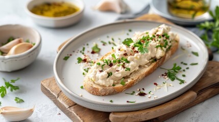 A modern culinary creation featuring eggplant caviar with roasted garlic and tahini.