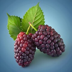 Fototapeta premium A 3D illustration of two ripe mulberries. with leaves. perfect for food packaging. websites. and digital designs.