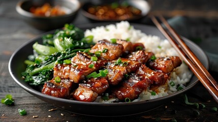Fototapeta premium A platter of char siu with glistening slices of barbecued pork.