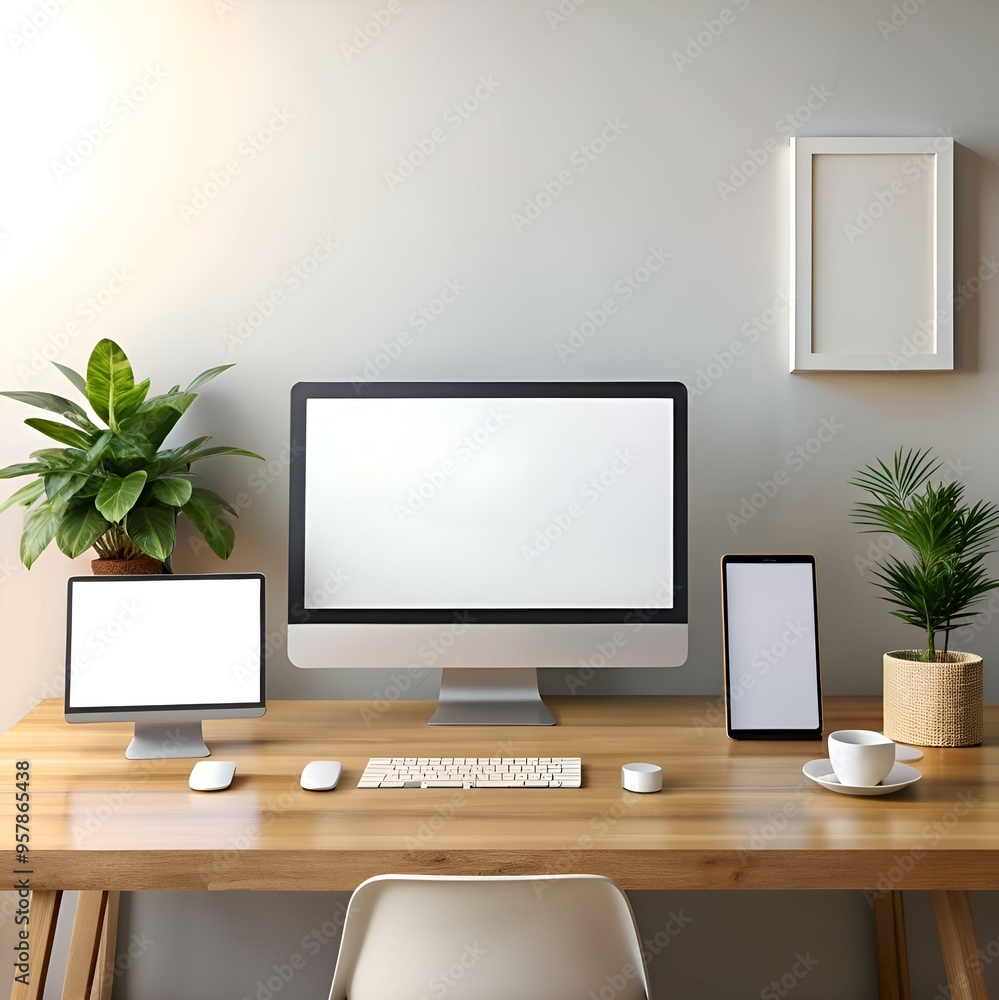 Poster a modern workspace with computer and tablet mockups.