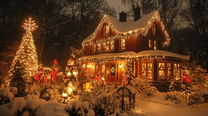 Fototapeta premium Christmas house decorated with garlands