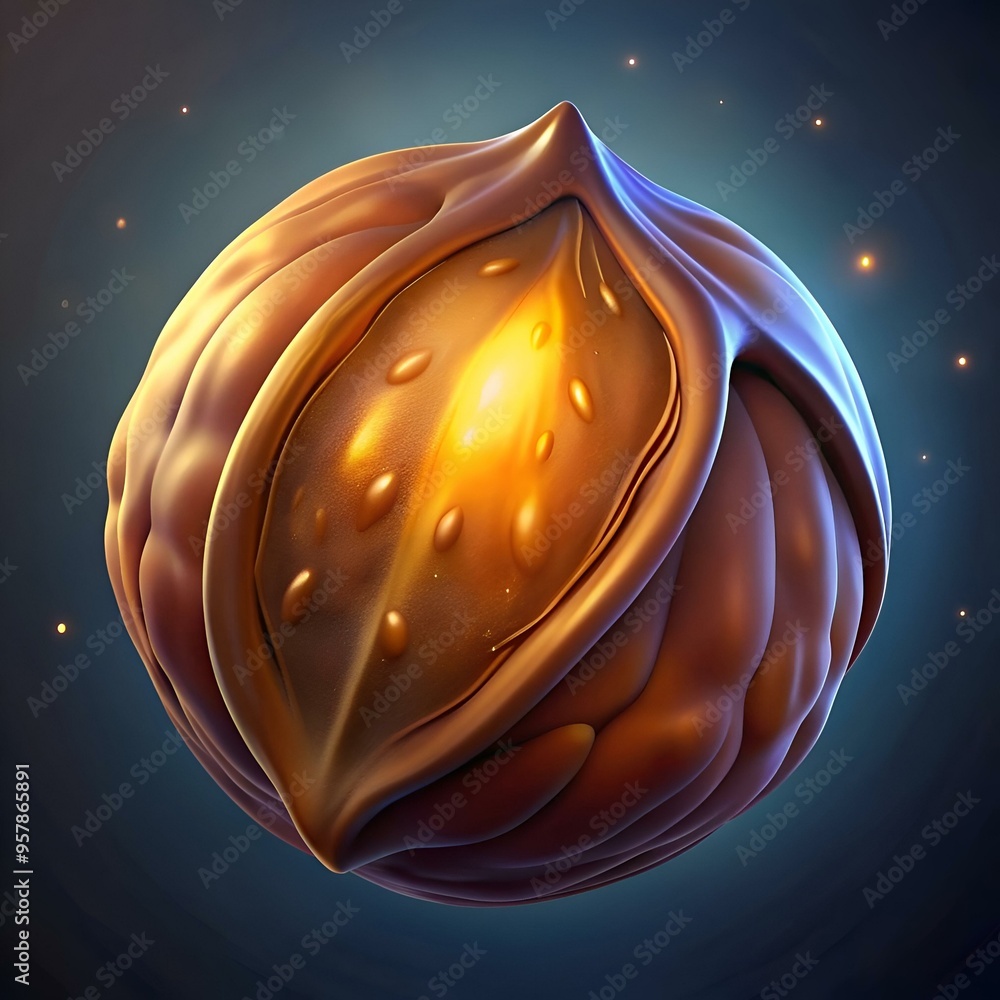 Poster a 3d rendering of a golden okari nut. a unique and intriguing fruit with a glowing interior.