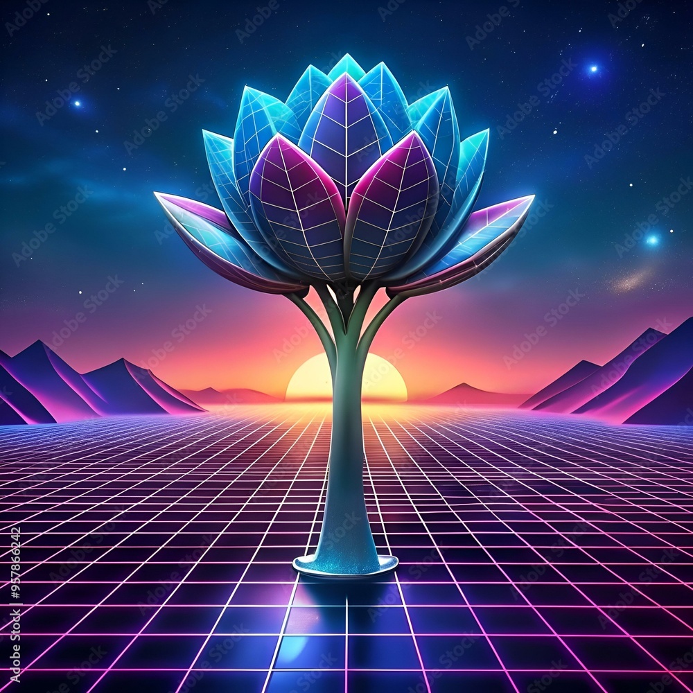 Poster a futuristic 3d illustration of a glowing tulip tree with a vibrant color palette against a starry. 