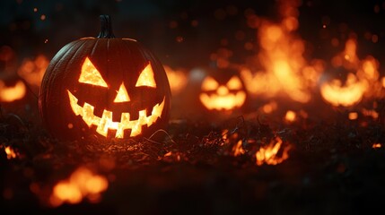Fototapeta premium Dynamic Halloween Pumpkins with Animated Fire Effects and Copy Space for Text