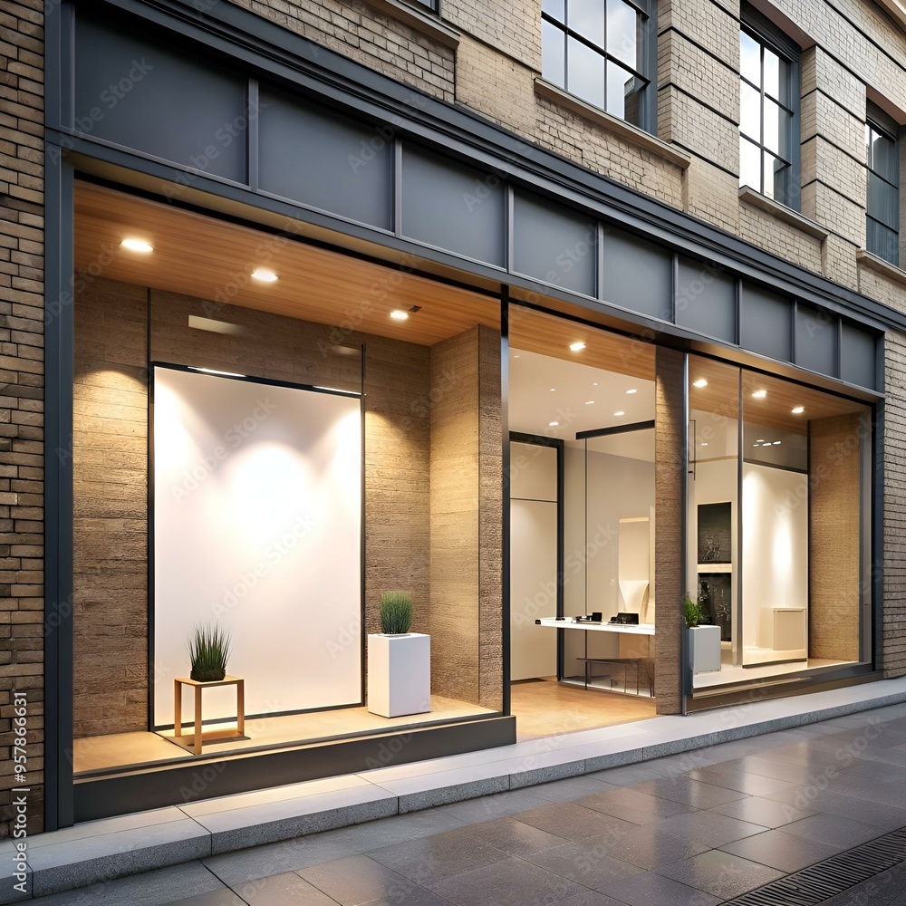 Poster blank storefront window display with lighting and a brick facade.
