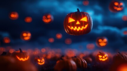 Fototapeta premium Dramatic Halloween Scene with Glowing Jack-o'-lanterns Floating in Stormy Sky