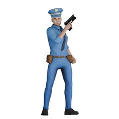 Professional 3D Law Cartoon. A male police officer in a blue uniform holds a gun in his right hand with his facial expression showing readiness and alertness. Male