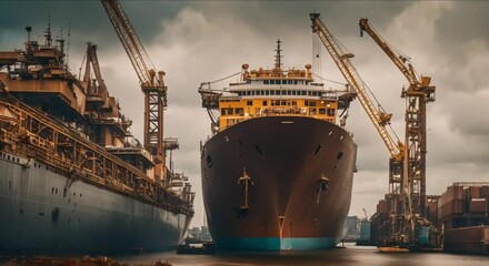 large ships in ports to carry logistics around the world by sea