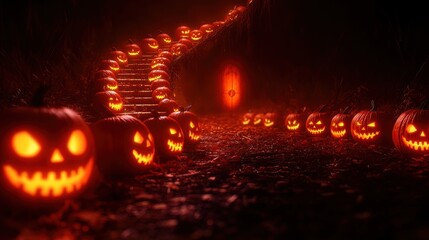 Enchanting Spiral Staircase of Glowing Jack-o'-lanterns Leading to Mysterious Door