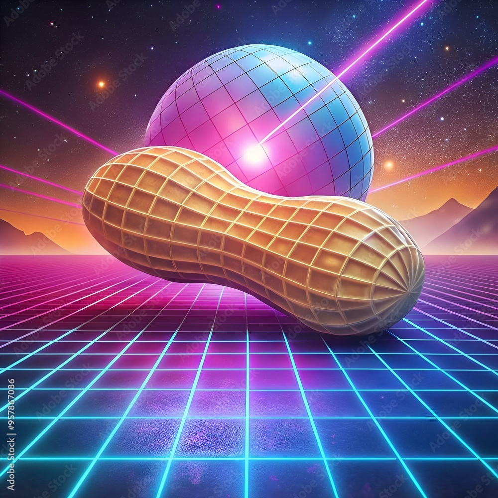 Poster a 3d illustration of a peanut in a futuristic 80s retro setting. with a glowing orb and neon grid li