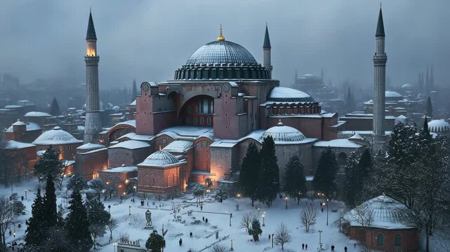 Winter snowfall blankets the historic Hagia Sophia in Istanbul during a serene evening