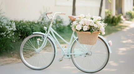 Fototapeta premium A light blue vintage bicycle with pastel-colored flowers in the front basket