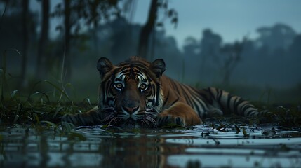 Naklejka premium An view of a tiger at dusk on the ground