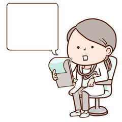 白衣を着た女性医師が正面を向いて座っているイラスト