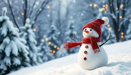 Fototapeta premium Snowman in Joyful Winter Wonderland with Snow-Covered Trees Background, Ideal for Holiday Greeting Cards and Seasonal Decorations.