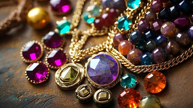 Discover exquisite jewelry designs featuring colorful gemstones and intricate craftsmanship displayed on a rustic surface