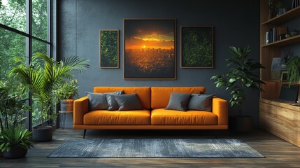 Work-life balance concept with a home office seamlessly blending with personal space. The scene includes a cozy work area integrated with relaxation elements like a comfy sofa, plants