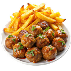 Round shaped balls of dry meatballs and french fries isolated on transparent background