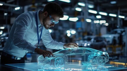 A focused engineer interacts with a holographic car model in a modern automotive factory, showcasing advanced technology and innovation.