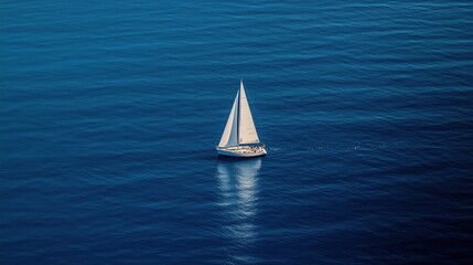 A single sailboat floating and sailing on water